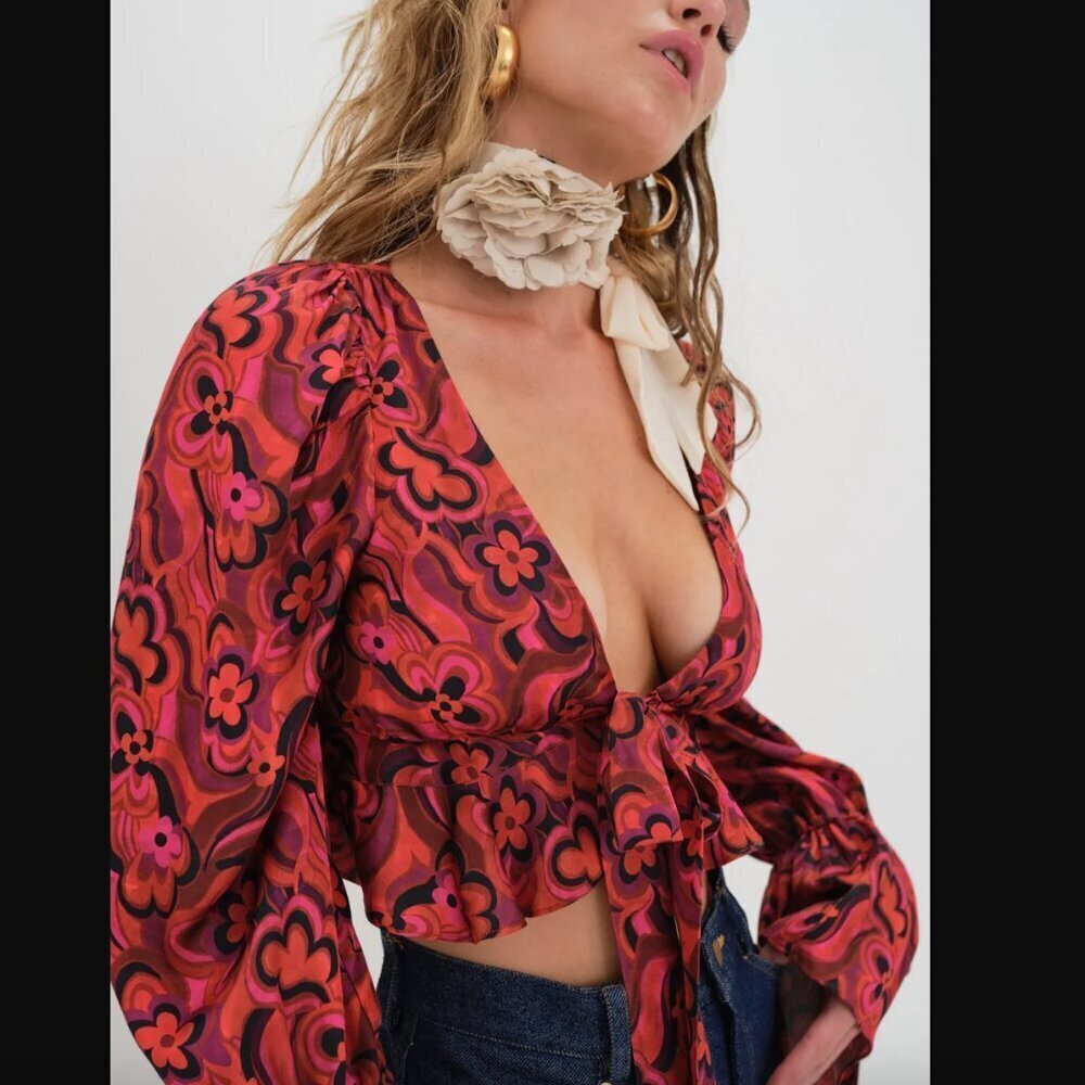 For Love & Lemons Davina Red Floral Tie Front Cropped Blouse XS